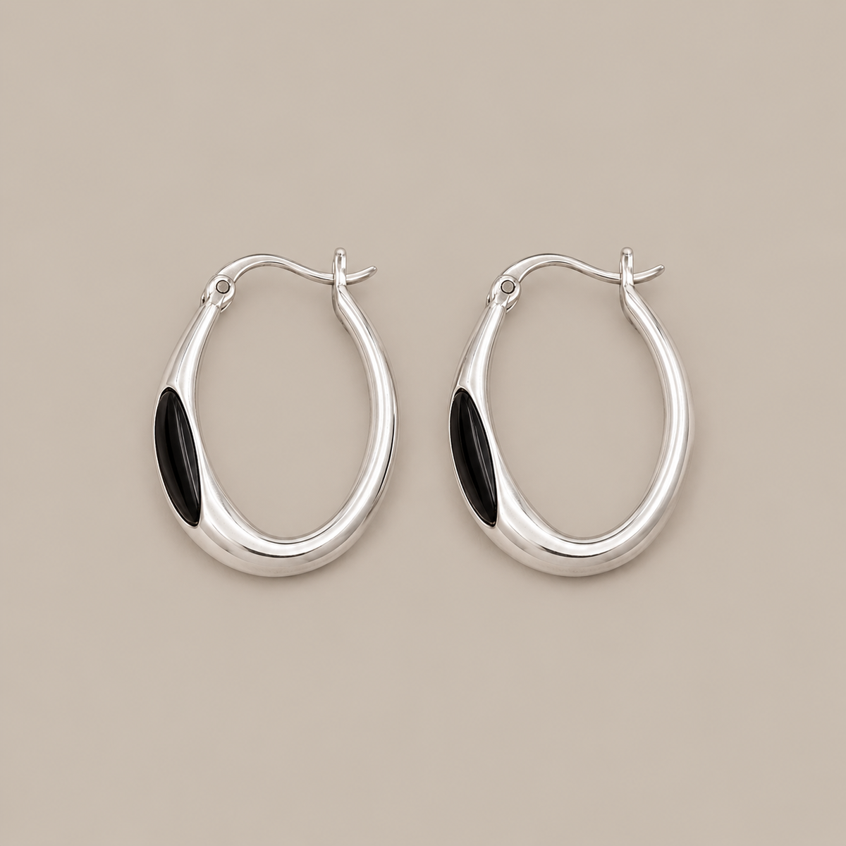 Noir Oval Silver Hoops Earrings
