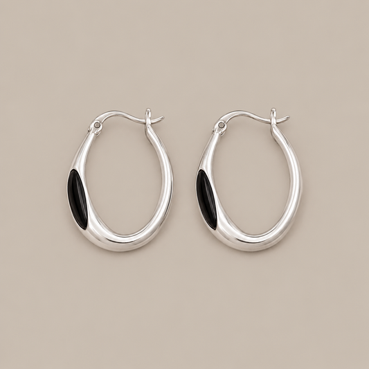 Noir Oval Silver Hoops Earrings