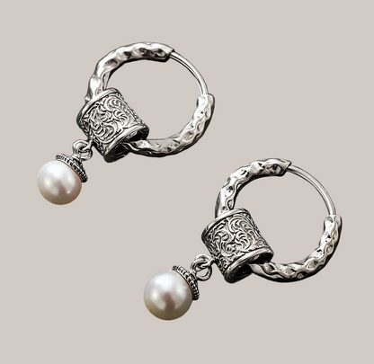 Pearl Charm Silver Hoops