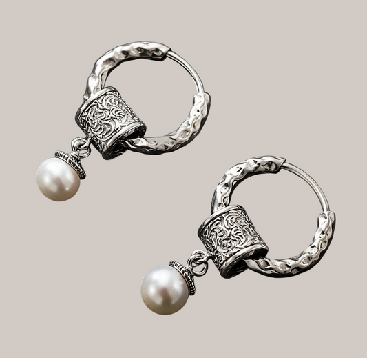Pearl Charm Silver Hoops