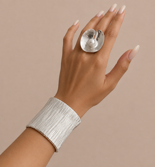 Vintage Silver Wide Cuff & Sculptural Pearl Ring Set