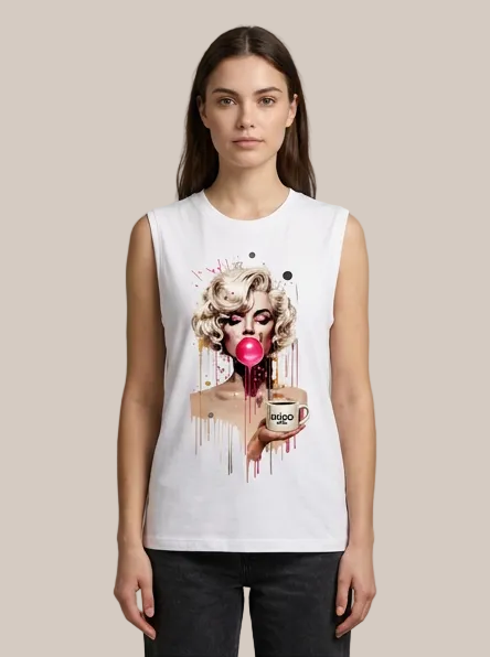 A woman modeling a white sleeveless tank top with a colorful graphic print of Marilyn Monroe blowing a pink bubblegum bubble and holding a jar of 'Margarita' sauce. She is wearing dark gray jeans against a solid light gray studio background.